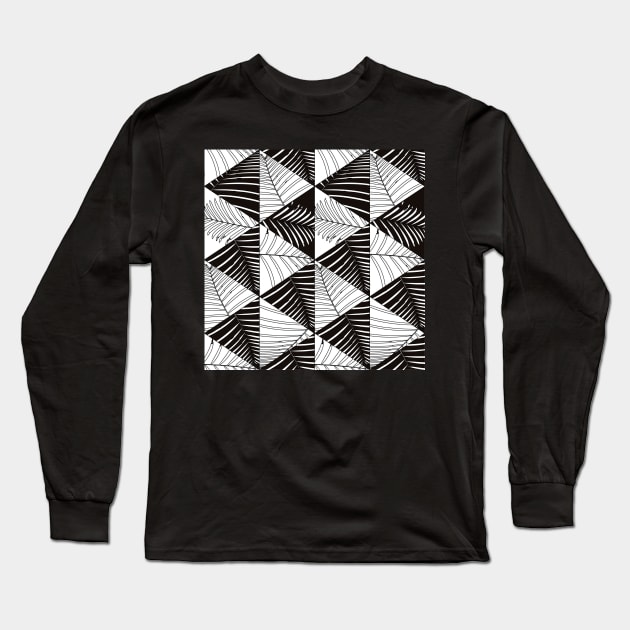 Black And White Palm Leaves And Geometric Forms Pattern Seamless Long Sleeve T-Shirt by MichelMM